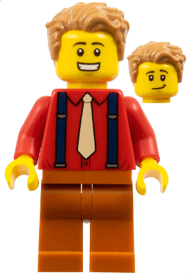 LEGO Male Medium Nougat Hair Red Shirt Tan Tie Dark Blue Suspenders (twn386) Town / City Minifigure