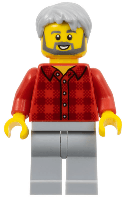 LEGO Male Red Plaid Flannel Shirt Light Bluish Gray Hair Dark Bluish Gray Beard (twn387) Town / City Minifigure