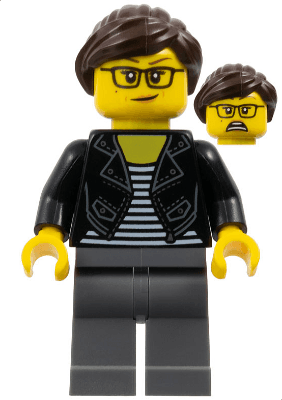 Female with Striped Black and White Shirt, Black Jacket, Dark Bluish Gray Legs, Dark Brown Hair