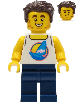 Surfer - Male, White Tank Top with Dark Azure Sailboat, Dark Blue Legs, Dark Brown Hair