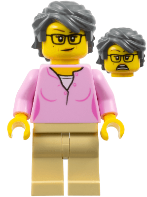 Woman, Bright Pink Shirt, Tan Legs, Dark Bluish Gray Swept Back Tousled Hair