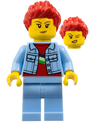 LEGO Woman Bright Light Blue Denim Jacket Bright Light Blue Legs Red Spiked Hair (twn440) Town / City Minifigure