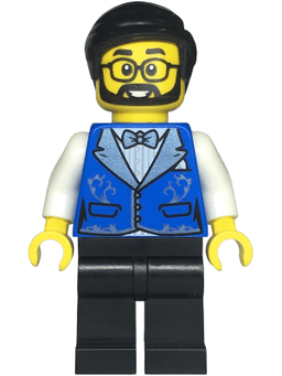 Hotel Receptionist - Male, Blue Vest with Metallic Light Blue Lapels, Black Legs, Black Hair, Beard and Glasses