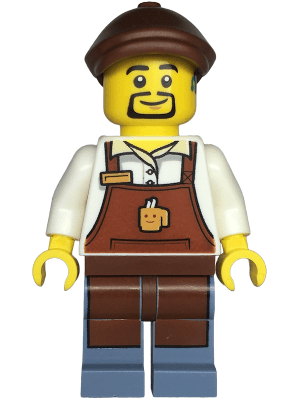 Barista - Male, Reddish Brown Apron with Cup and Name Tag, Sand Blue Legs, Reddish Brown Flat Cap, Hearing Aid