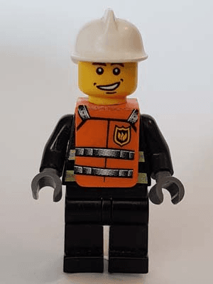 LEGO Reflective Stripes White Fire Helmet Smile Orange Vest with Straps and Fire Logo and 'FI (wc024s) Town / City Minifigure