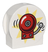 Duplo, Brick 1 x 2 x 2 Round Top, Cut Away Sides with Ringing Red Fire Alarm Bell on Bright Light Yellow Starburst Pattern