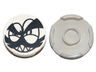 Tile, Round 2 x 2 with Bottom Stud Holder with Black Squinting Eyes, Moustache, Eyebrows and Grin with Sharp Teeth (Nixel Face) Pattern