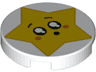 Tile, Round 2 x 2 with Bottom Stud Holder with Star Face, Round Mouth, Black Eyes with White Pupils, Raised Eyebrows, Orange Cheeks Pattern