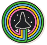 Tile, Round 2 x 2 with Bottom Stud Holder with Space Shuttle, Smoke and Dots on Back Background in Bright Green, Medium Azure, Bright Light Orange and Bright Pink Concentric Circles Pattern