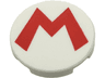 Tile, Round 2 x 2 with Bottom Stud Holder with Super Mario Logo Red Capital Letter M Pattern