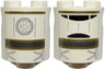 Brick, Round 2 x 2 x 2 Robot Body with Gold and Dark Silver Stripes, Black Semicircles, Silver Lines and Emblem Pattern