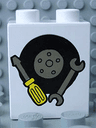 Duplo, Brick 1 x 2 x 2 with Black Tire with Wheel, Screwdriver with Yellow Handle, Dark Gray Wrench Pattern