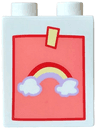 Duplo, Brick 1 x 2 x 2 with Painting of Dark Red, Bright Light Yellow and Medium Lavender Rainbow and Clouds on Coral Background with Tape Pattern
