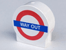 Duplo, Brick 1 x 2 x 2 Round Top with 'WAY OUT' on Blue Rectangle and Red Circle Pattern