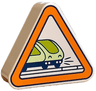Duplo, Brick 1 x 3 x 2 Triangle Road Sign with Orange Border and Dark Blue, Lime and Yellowish Green Crossing Train Pattern