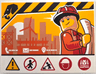 Tile 6 x 8 with Construction Site Sign with Worker Minifigure, Nougat and Reddish Orange Buildings, Black and Bright Light Orange Danger Stripes, Red Warning Signs Pattern