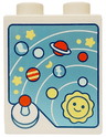 Duplo, Brick 1 x 2 x 2 with Bottom Tube with Solar System, Bright Light Yellow, Light Aqua and Reddish Orange Stars, Planets, Sun and Joystick on Metallic Light Blue Background Pattern