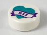 Tile, Round 1 x 1 with Dark Turquoise Heart and Banner with Dark Purple 'BFF' Pattern