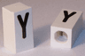 Tile, Modified 1 x 2 x 5/6 Stud Hole in End with Black Capital Letter Y Pattern