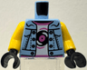 Torso Denim Jacket Open with Silver Buttons over White Shirt with Dark Pink Hems and Black Record Pattern / Yellow Arms / Black Hands (BAM)