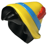 Minifigure, Hair Combo, Hair with Hat, Short Hair with Quiff with Molded Yellow Hat and Dark Azure Band and Printed Red Feather Pattern