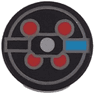 Tile, Round 2 x 2 with Bottom Stud Holder with Dark Azure Rectangle, Red Circles and Silver Lines Pattern (BrickHeadz Peter Venkman Proton Pack)