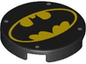 Tile, Round 2 x 2 with Bottom Stud Holder with Bat on Yellow Oval Batman Logo and 4 Silver Dots Pattern
