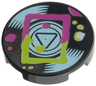 Tile, Round 2 x 2 with Bottom Stud Holder with Vinyl Record with Metallic Light Blue Label and Highlights, Magenta and Lime Square and Splotches Pattern