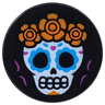 Tile, Round 2 x 2 with Bottom Stud Holder with White Skull with Dark Azure Eyes, Orange Flowers Pattern