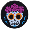 Tile, Round 2 x 2 with Bottom Stud Holder with White Skull with Orange Eyes, Magenta Flowers Pattern