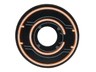 Tile, Round 2 x 2 with Hole with White and Orange Circles, Dark Bluish Gray Circuitry Pattern