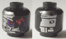 Minifigure, Head Alien with Red Mechanical Right Eye, Dark Purple Circuitry, Bared Teeth, and Silver Plates with Rivets on Front and Back Pattern