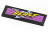 Tile 2 x 6 with Silver and Yellow 'CYBER BEAST' on Magenta Grid, Bright Light Blue Lightning Pattern
