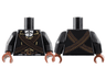 Torso Jacket Open with Dark Tan Trim over Vest with Buttons and White Shirt, Dark Brown Belt with Copper Buckle, Crossed Ammo Belts with Bullets Pattern / Black Arms / Reddish Brown Hands