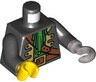 Torso Pirate Captain Jacket Open with Gold Trim over Green Shirt with Narrow Neck Ruffle, Dark Orange Strap, Belt with Buckle Pattern / Black Arms / Flat Silver Hook Left / Yellow Hand Right