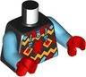 Torso Jacket with Medium Azure Drawstrings and Zipper, Red Collar, and Bright Light Orange Geometric Shapes Pattern / Medium Azure Arms / Red Hands