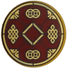 Tile, Round 2 x 2 with Bottom Stud Holder with Gold Square, Ornaments, Diamond Lattices and Broken Circle Border with Black Outlines on Dark Red Background Pattern