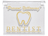 Glass for Window 1 x 4 x 3 - Opening with Gold and White '"Prevent Yellowing"', 'DENTIST' and Tooth Pattern