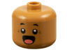 Minifigure, Head, Modified Giant Black Eyebrows, Reddish Brown Chin Dimple and Crow's Feet, Surprised Open Mouth with Coral Tongue Pattern