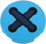 Tile, Round 2 x 2 with Bottom Stud Holder with Dark Blue Crossed Stitches and 4 Black Button Holes Pattern