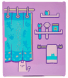 Glass for Window 1 x 6 x 6 Flat Front with Dark Azure and Medium Azure Shower Curtain with Silver Pole and Rings, Lavender Cat, Towel and Shelves with Brushes Pattern