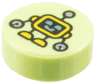 Tile, Round 1 x 1 with Yellow Robot with Metallic Light Blue Eyes and Mouth, Silver Hands Pattern