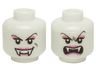 Minifigure, Head Dual Sided Alien Female Vampire with Black Thin Eyebrows, Double Eyelashes, Dark Pink Eye Shadow and Lips, Smile with Fangs and Dimple / Angry Open Mouth with Top Teeth Pattern