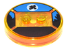 Dimensions Toy Tag 4 x 4 x 2/3 with 2 Studs and Trans-Orange Bottom with Black Bicycle Silhouette in White Circle on Blue Background Pattern (E.T.)
