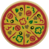 Tile, Round 2 x 2 with Bottom Stud Holder with Sliced Pizza with Red Tomato Sauce and Tomatoes, Yellow Cheese, Green Bell Peppers and Basil Leaves, Dark Green Olives and Dark Tan Mushrooms Pattern