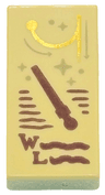 Tile 1 x 2 with Reddish Brown Wand, Capital Letter W, L, and Wingardium Leviosa Spell Scribbles, Dark Tan Sparkles and Arrows, Gold Swish and Flick Pattern