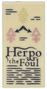 Tile 1 x 2 with Book Page with Black Text and 'Herpo the Foul' and Gold and Copper Arcane Symbols Pattern
