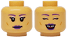 Minifigure, Head Dual Sided Female Dark Purple Eyebrows and Lips, Black Eyelashes, Bright Pink Eye Shadow, Closed Mouth Smile / Eyes Closed with Red Tongue and Gap in Teeth Pattern