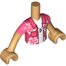 Torso Mini Doll Boy Coral Shirt with Pocket and White Flowers, Dark Blue Necklace, Undershirt Pattern, Medium Tan Arms with Hands with Coral Short Sleeves