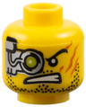 Minifigure, Head Cyborg with Silver Mechanical Right Eye Lime, Dark Orange Scars on Left Cheek, Black Stubble Pattern
